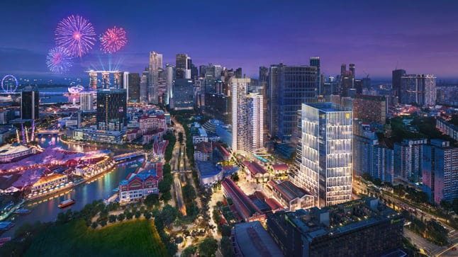 Union Square at night with fireworks over Marina Bay