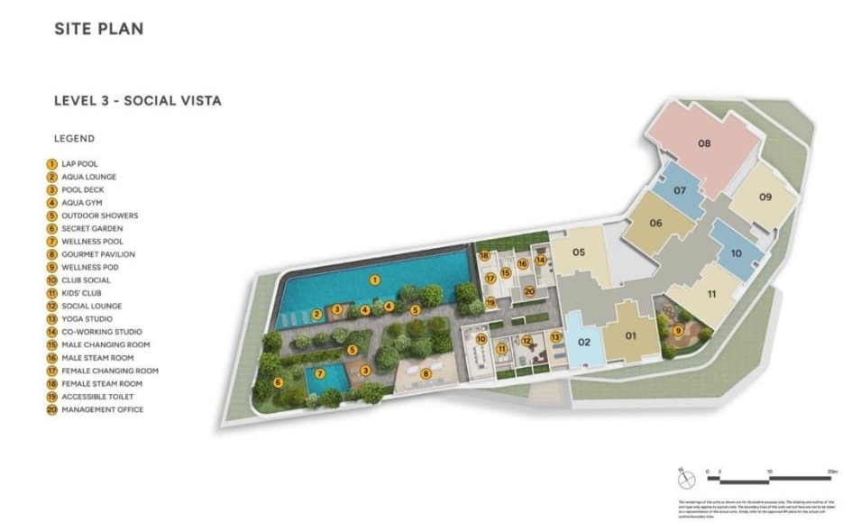 Level 3 Social Vista site plan with lap pool, aqua gym, wellness pool, kids' club, yoga studio and co-working studio