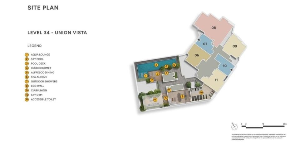 Level 34 Union Vista site plan with sky pool, club gourmet, alfresco dining, spa alcove, club union and sky gym